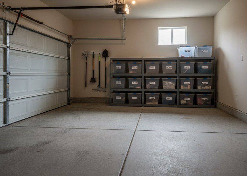 Illustrative example: the same garage swept clean and empty after a junk removal cleanout