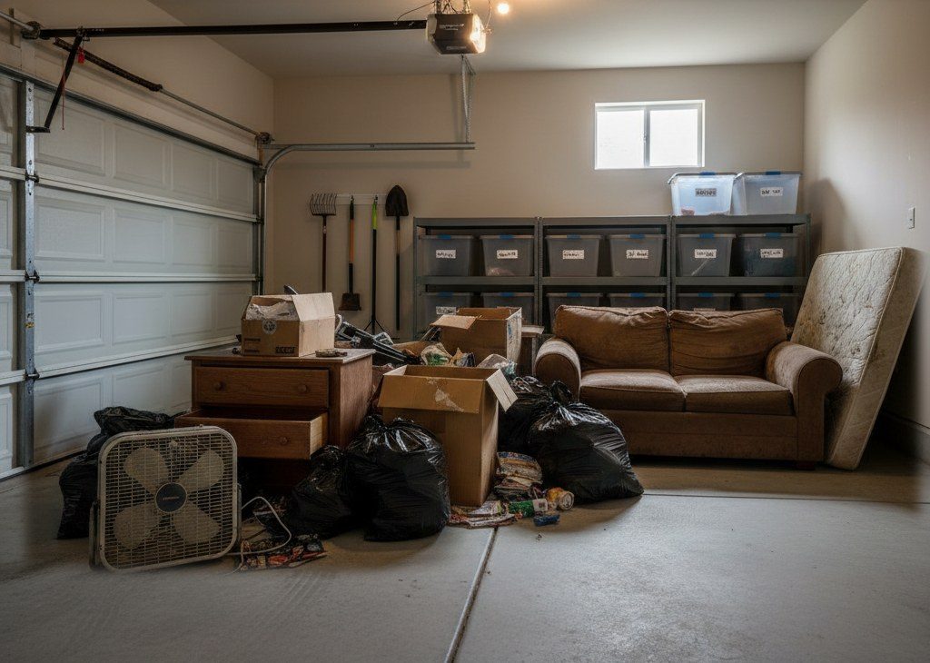 A garage packed with boxes and old furniture before a junk removal cleanout