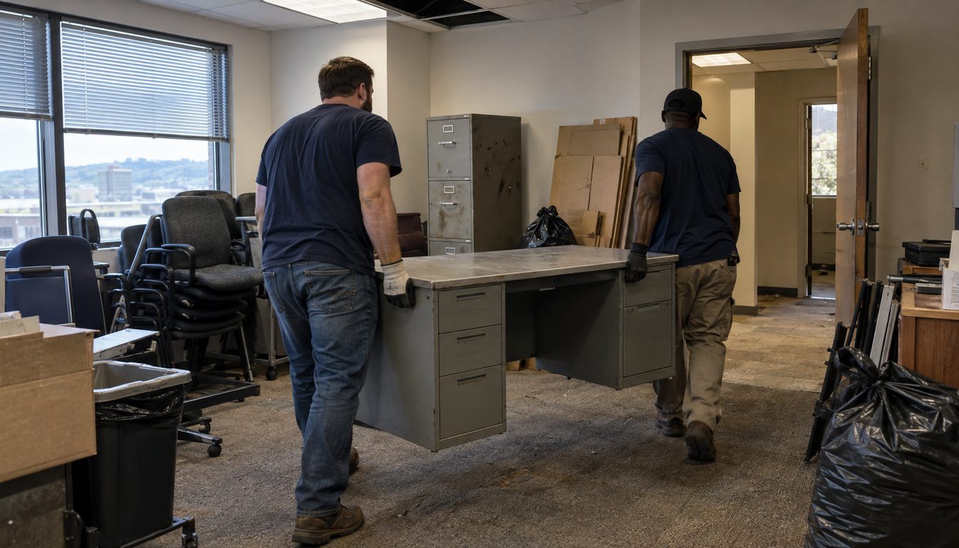 Two workers carrying an old desk out of an office during a commercial cleanout
