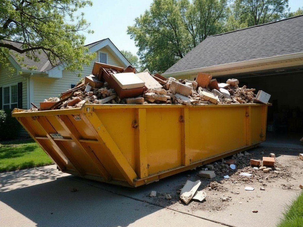Roll-off dumpster in a driveway, illustrative example of a rental container